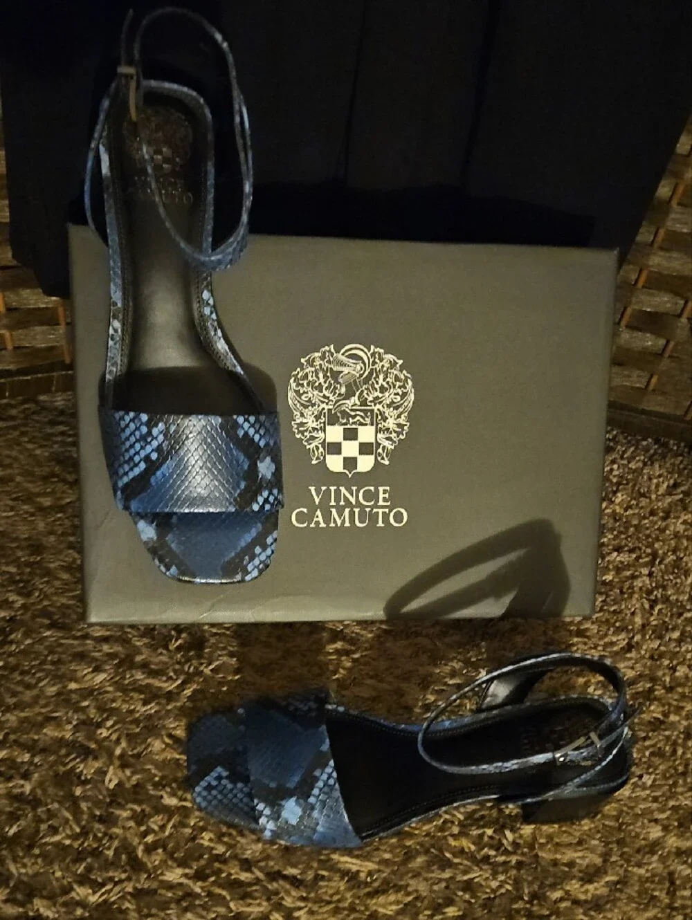 Vince Camuto Black and Blue Snake-Print Strappy Heels